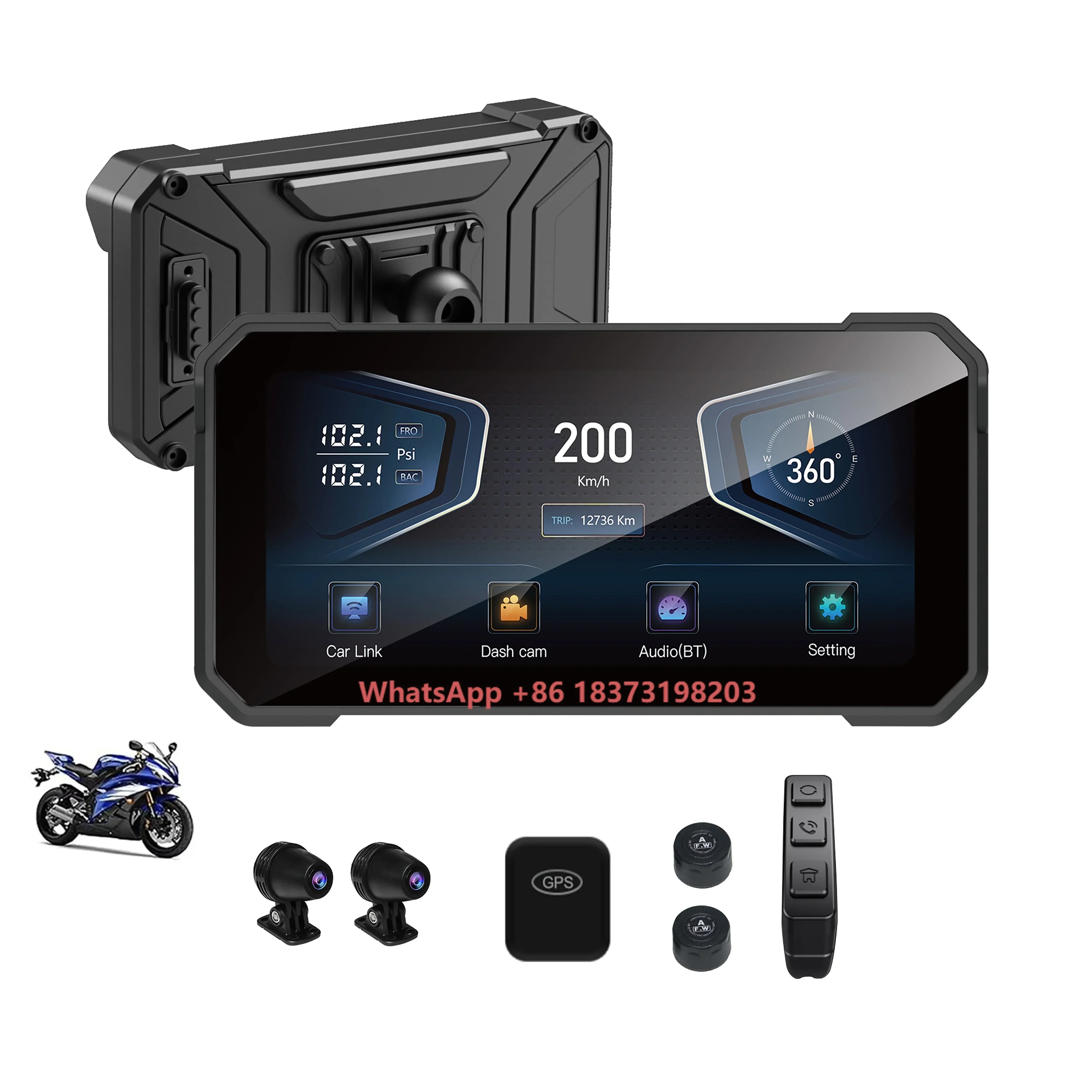 

6,25-дюймовый водонепроницаемый видеорегистратор 4K с функцией обнаружения слепых зон BSD, двойной записью, OTA-обновлением, GPS-трекингом и мониторингом давления в шинах (TPMS) для мотоциклов и автомобилей
