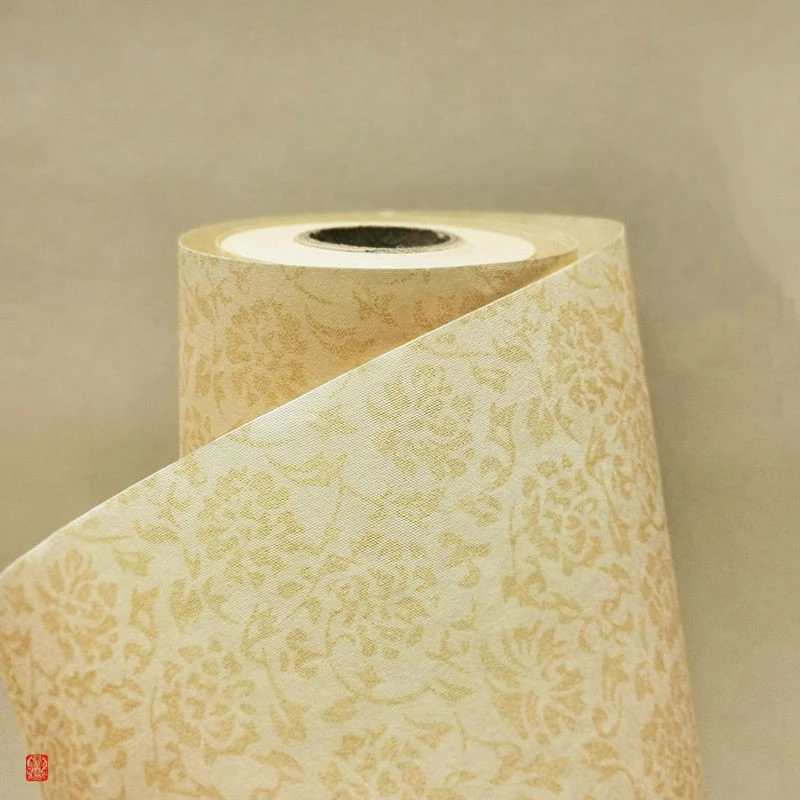 Silk Xuan Paper Rolling Ripe Rice Paper with Chrysanthemum Pattern Chinese Calligraphy Meticulous Painting Gilt Ripe Xuan Paper