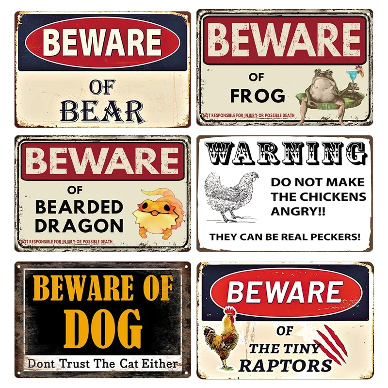 Retro Tin Sign Beware Animals Dog Cat Bull Kraken Chickens Bigfoot Area Caution Decorative Vintage Plaque Metal Poster Decor