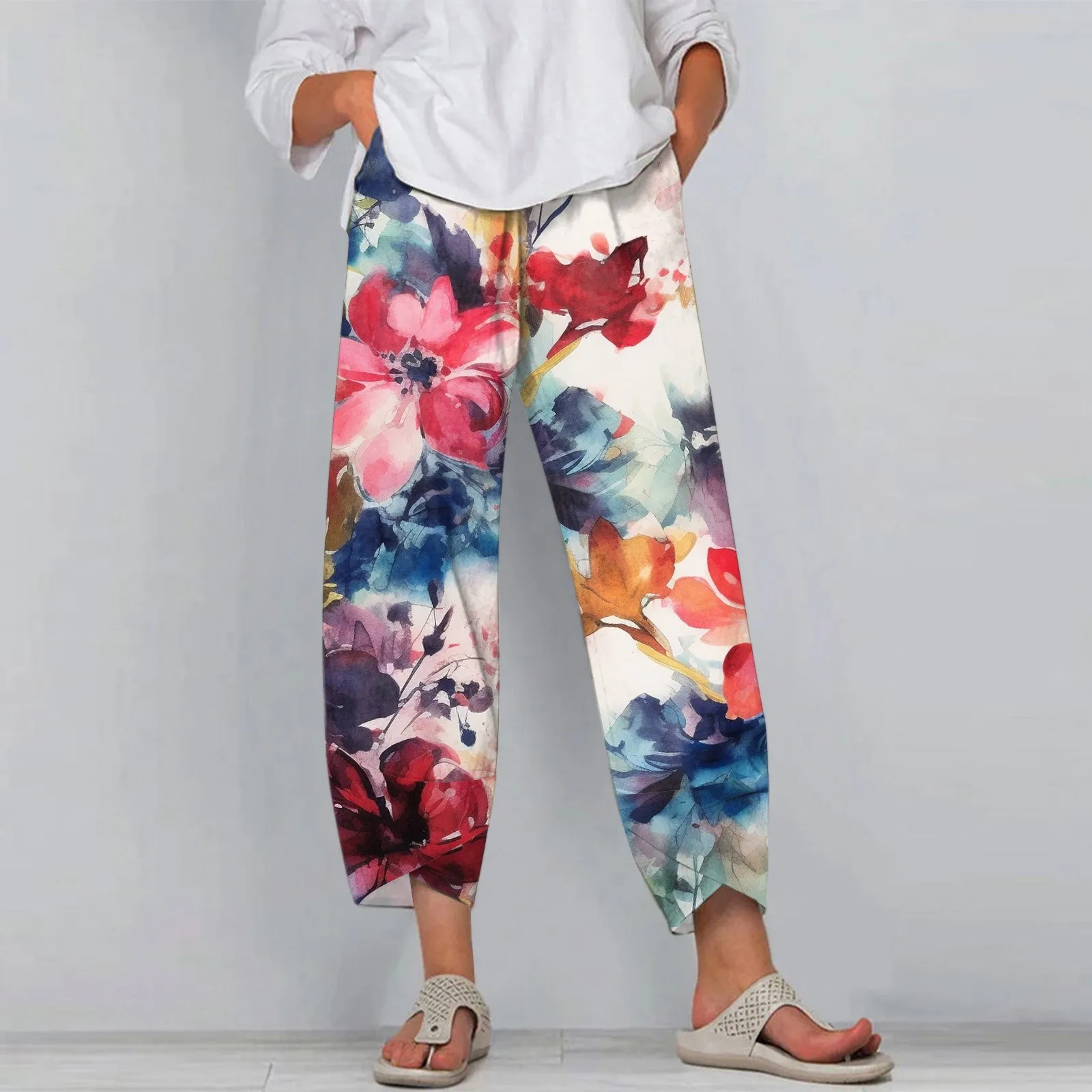 2024 pantaloni a gamba larga da donna con stampa floreale colorata pantaloni lunghi da spiaggia traspiranti larghi con coulisse a vita alta elastici con tasche