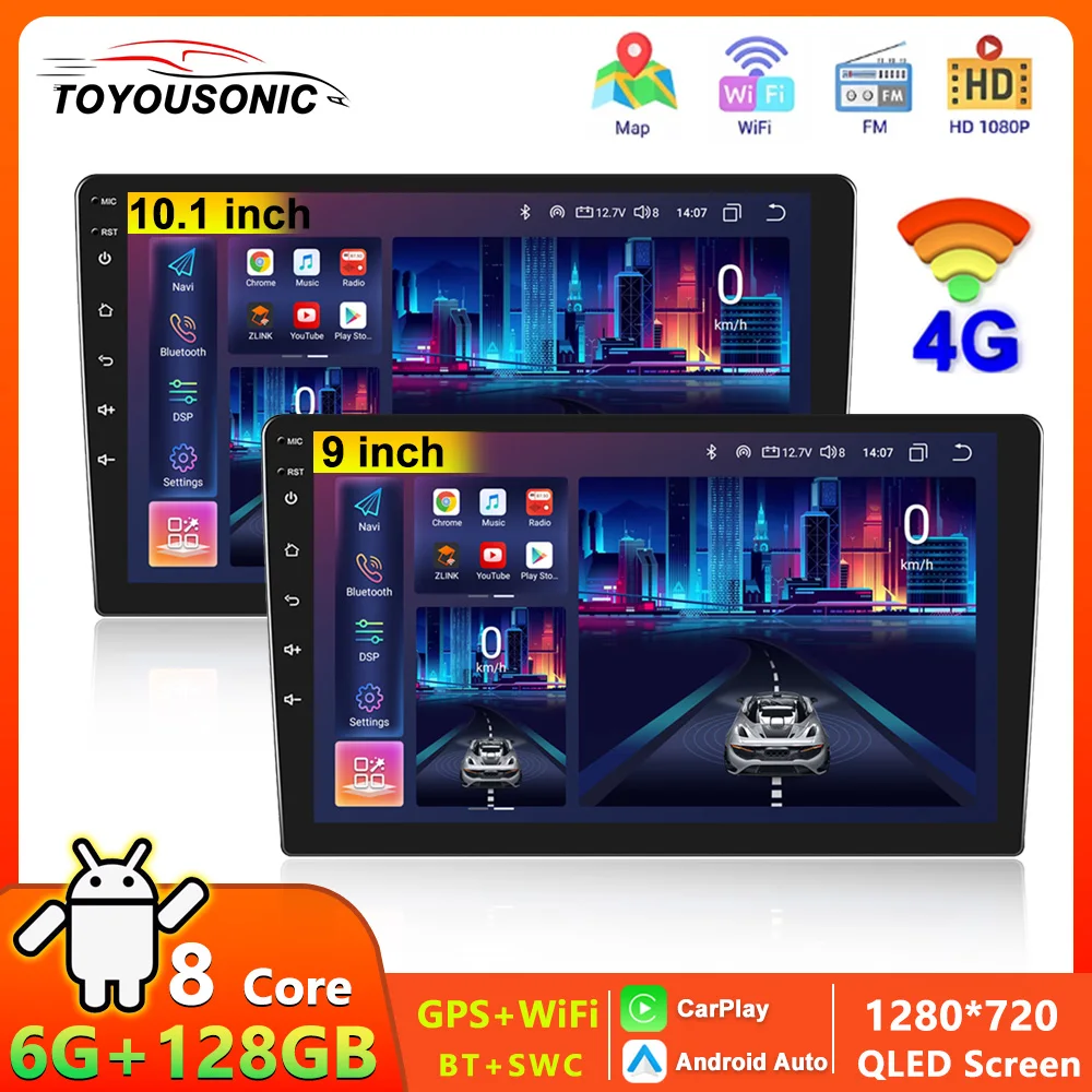 

Автомагнитола TOYOUSONIC, 9/10 дюйма, 2 Din, Android 13, автомобильное радио, навигация, мультимедийный плеер, Carplay, GPS, 4G, с вентилятором, головное устройство