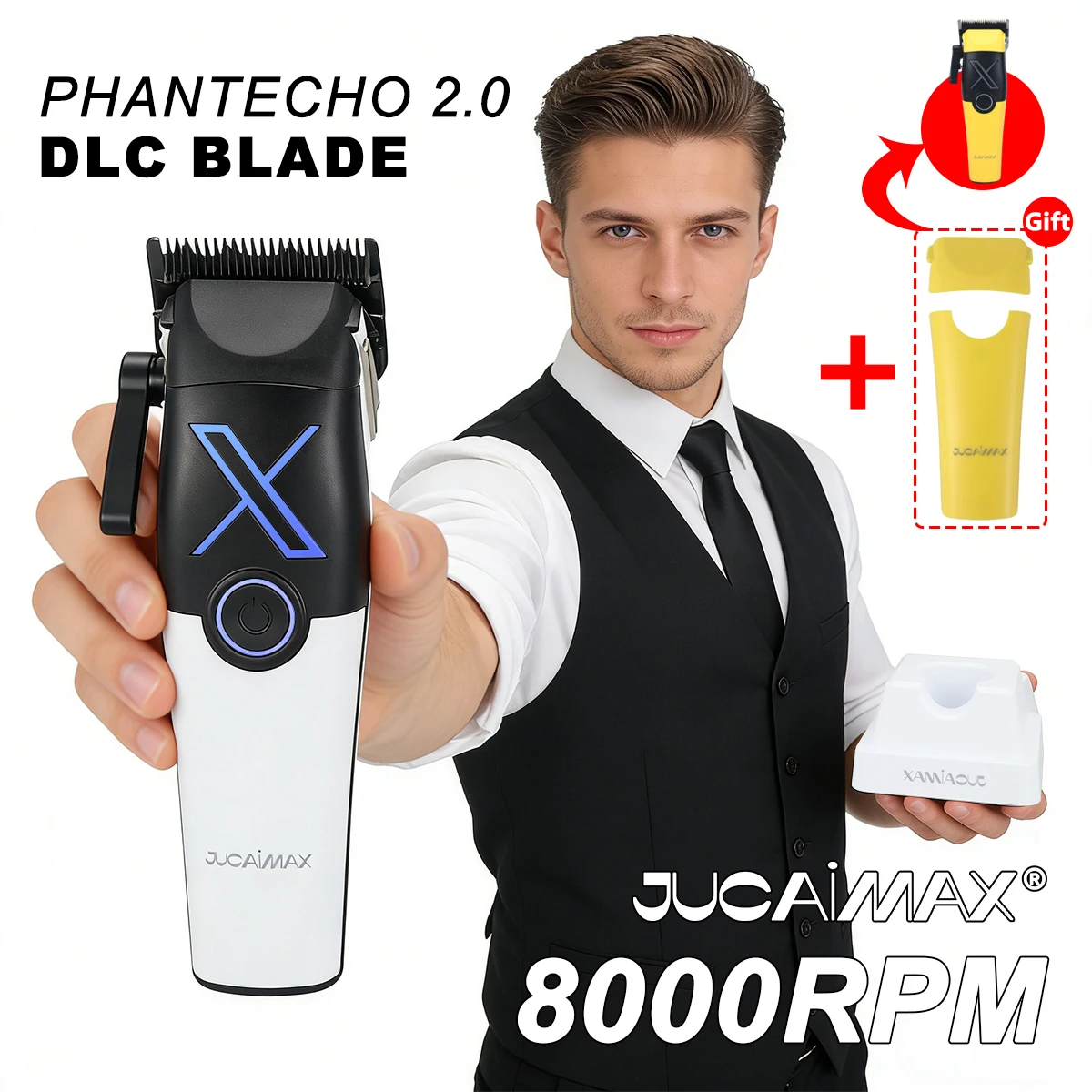 JUCAIMAX X-01 Electric Hair Clipper PHANTECHO2.0 DLC Blade Brushless Motor with Base Charger Professional Men's Haircut Machine