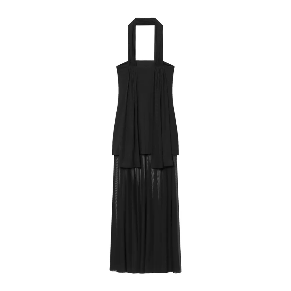 Seksowna sukienka na ramiączkach damska, modna sukienka z patchworkiem i rozcięciem, sukienka na ramiączkach bez rękawów z przezroczystym dołem, sukienka bez pleców 2025