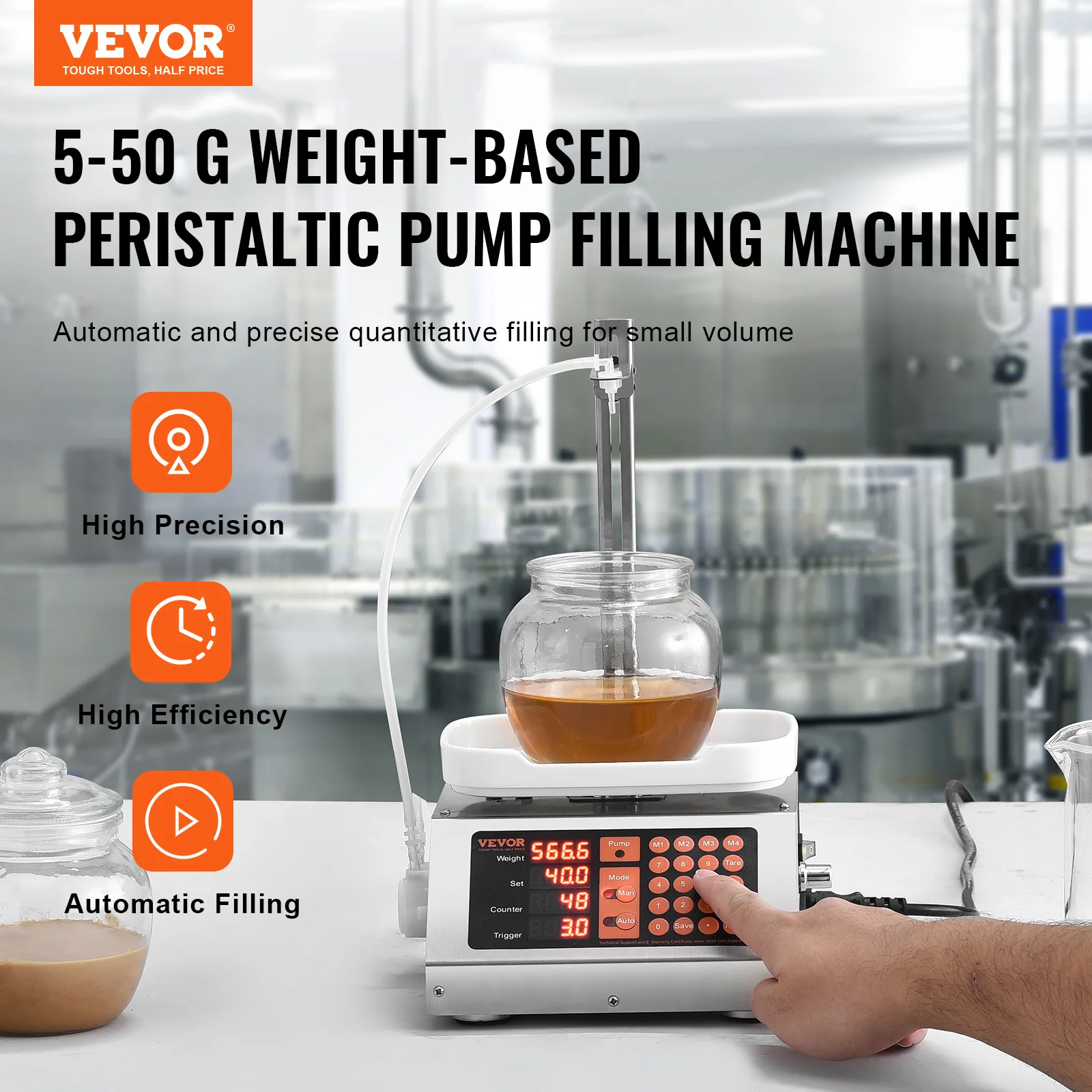 VEVOR Riempitrice per Liquidi Capacità di Pesatura 5-50 g, Riempitrice Liquidi Automatica per Bottiglie Controllo Digitale, Riempitrice da Banco con Pompa Peristaltica Acqua Latte Vino Bevande Shampoo