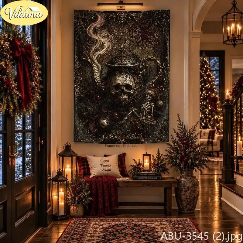 VIKAMA Retro Gothic Skull Teapot Tapestry, Dark Wind Background Cloth, Living Room Party Wall Decor