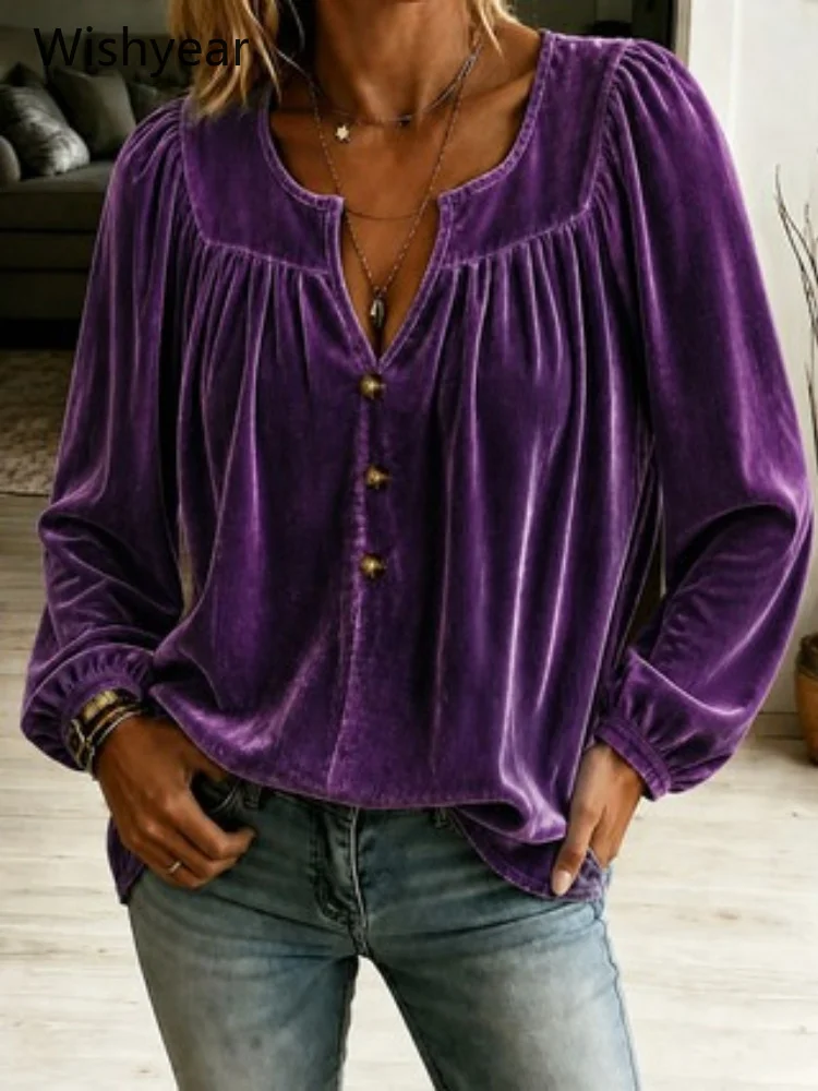 Pink Velvet Casual Top for Women Long Sleeve Square Neck Notch Front Button Loose Blouse Autumn Winter Office Daily Wear