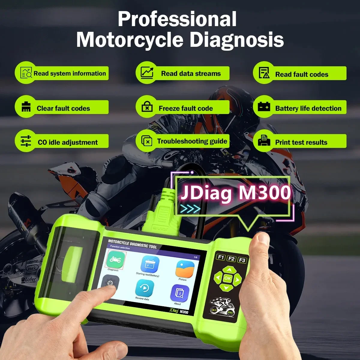 JDiag M300 Motorcycle Diagnostic Scanner Moto Diagnose Tool Clear Fault Code ABS Engine for Harley