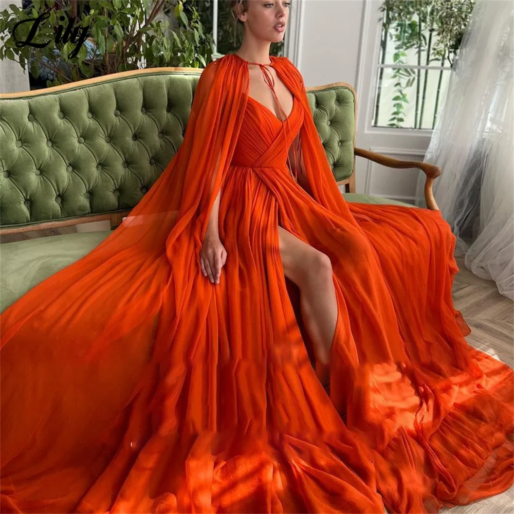 Lily Orange V Neck Prom Evening Dresses Gowns Spaghetti Strap Formal Gown Side Split Chiffon Evening Gowns vestidos de noche