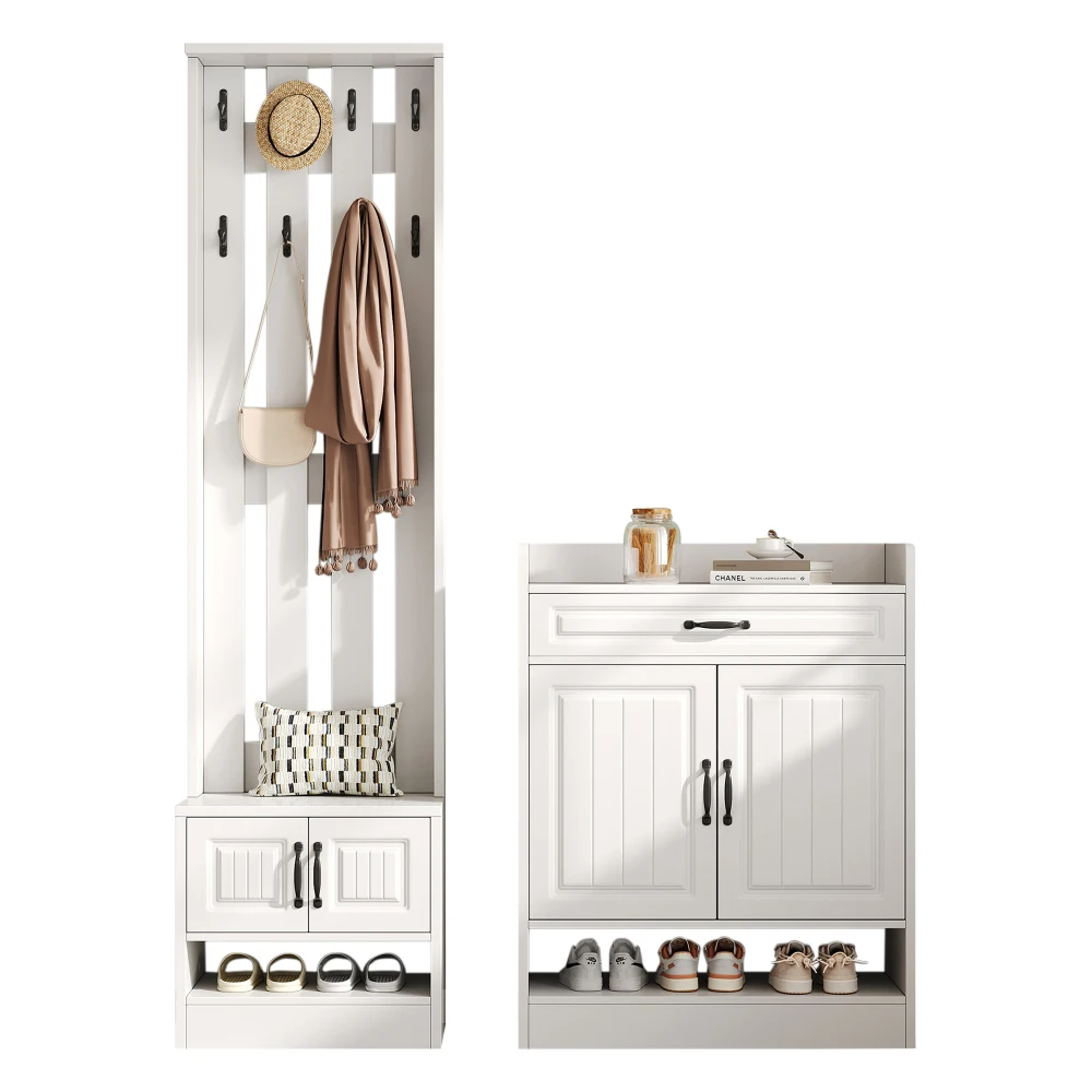 PINGGO Garderobenset, Wandschrank mit Schuhregal, 8 Haken, 4 Türen, 1 Schublade, weiße Flurmöbel, 125 x 36 x 190 cm – Detail 15