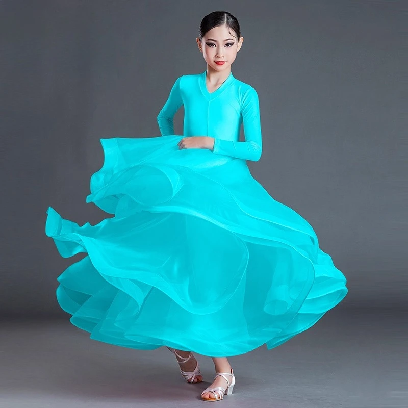 Nieuwe Latin danskostuums meisjes prestatiekostuums roze ballroom dansvoorstelling kostuums moderne dansrokken met lange mouwen