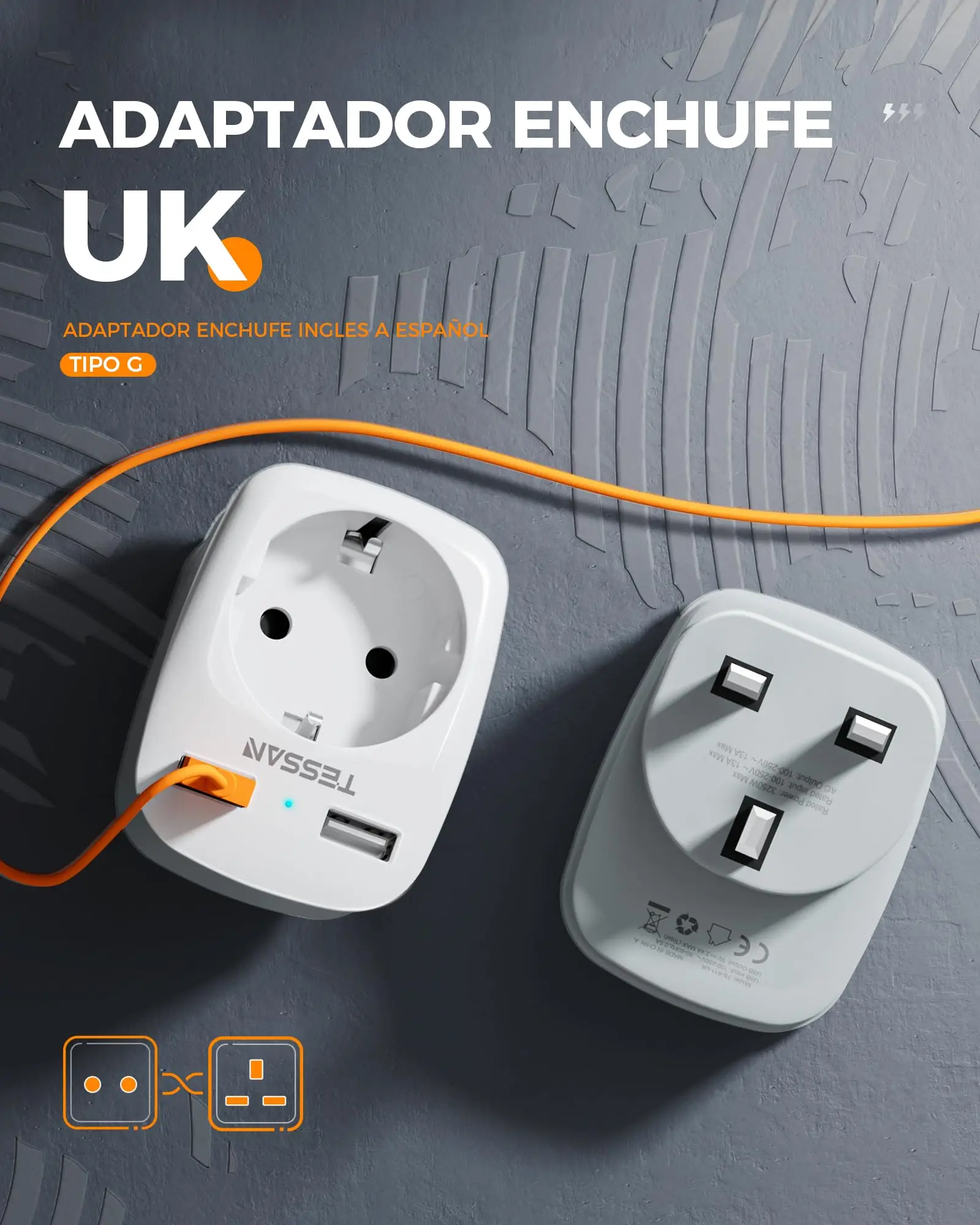 TESSAN European to UK Travel Adapter Portable Wall Socket Extender with 1 Outlet +2 USB Ports Type G Plug England Adapter Socket