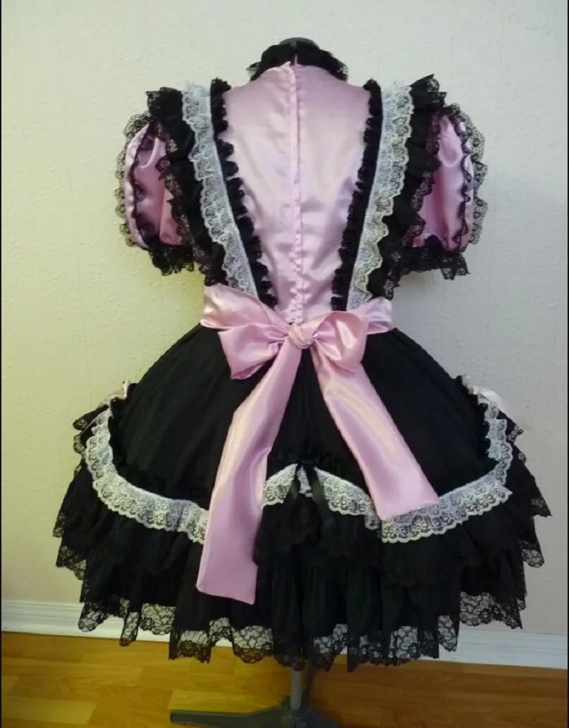 French Pink with Black French Maid Dress, Separate Apron and Matching Bloomers, Satin Fabric and Black Trim Can Be Customized