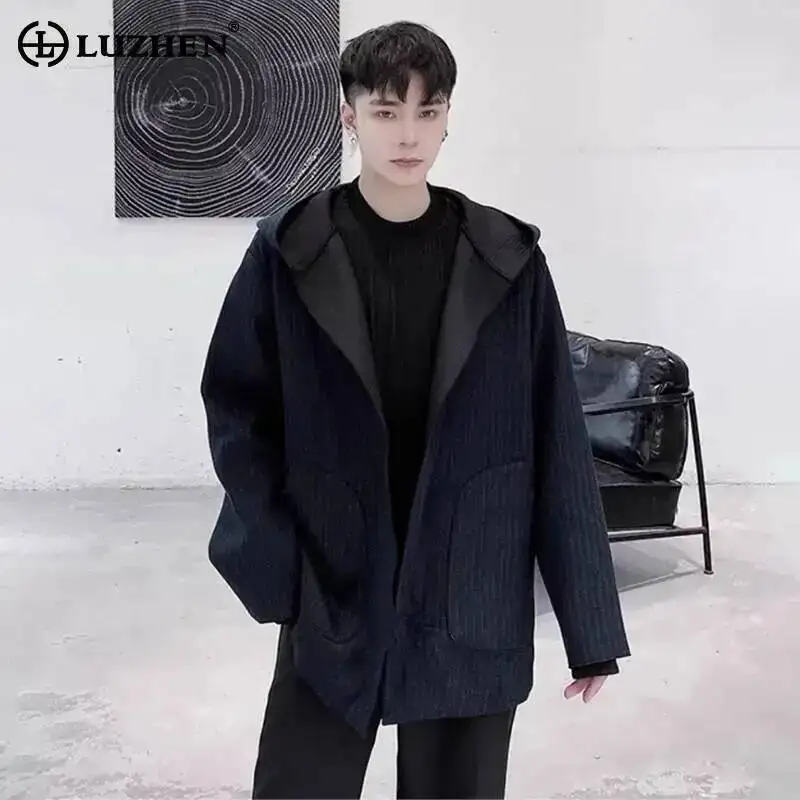 

LUZHEN Casual Fashion Stripe Printed Big Pockets Decorate Hooded Jacket Men's 2025 Autumn Original Handsome Elegant Coat JY7383
