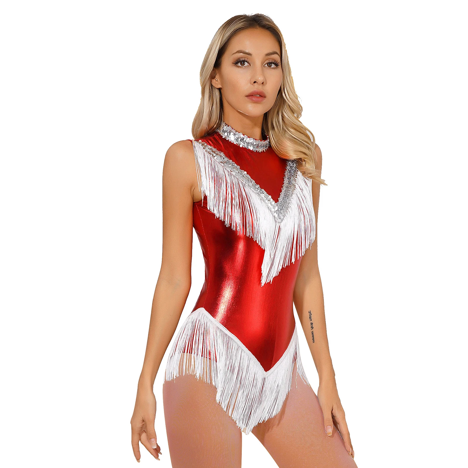 Womens Metallic Latin Dance Performance Costumes Fringed Bodysuit Shiny Sequins Rhythmic Gymnastics Mock Neck Tassel Leotards