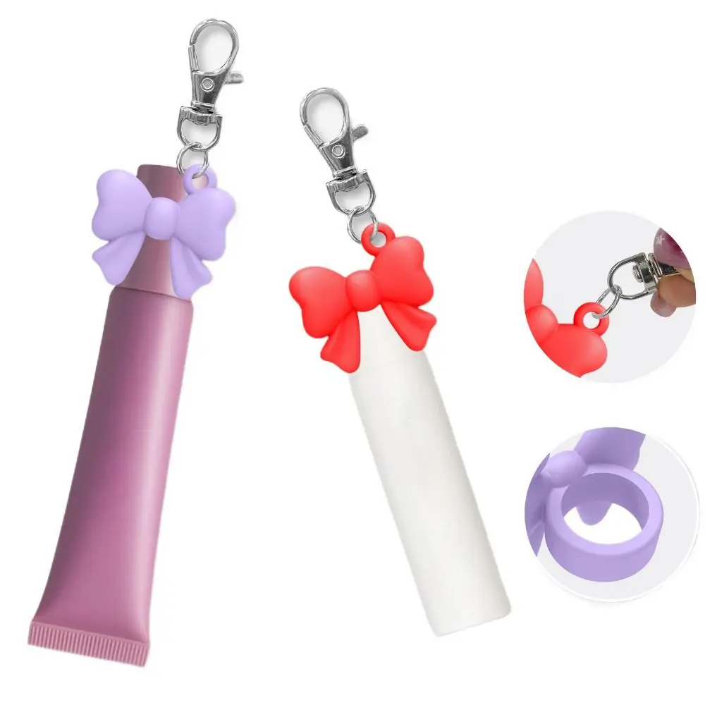 Silicone Lip Balm Holder Bowknot with Keyring Lipgloss Sleeve Portable Colorful Keychain Lip Gloss Cap for Summer Fridays