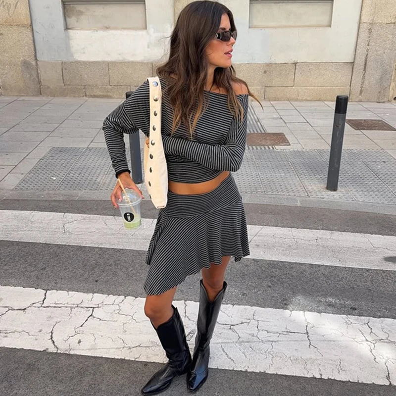 

Tornova Casual Stripe Skirt Women's 2 Piece Set Fashion Off Shoulder Long Sleeve T shirt Irregular Mini Skirts Streetwear Suit