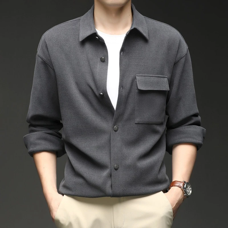 

Loose Casual Men's Thickened Shirt, Spring and Autumn Shirt Jacket, Solid Color Pocket Design Daily Commute Top.