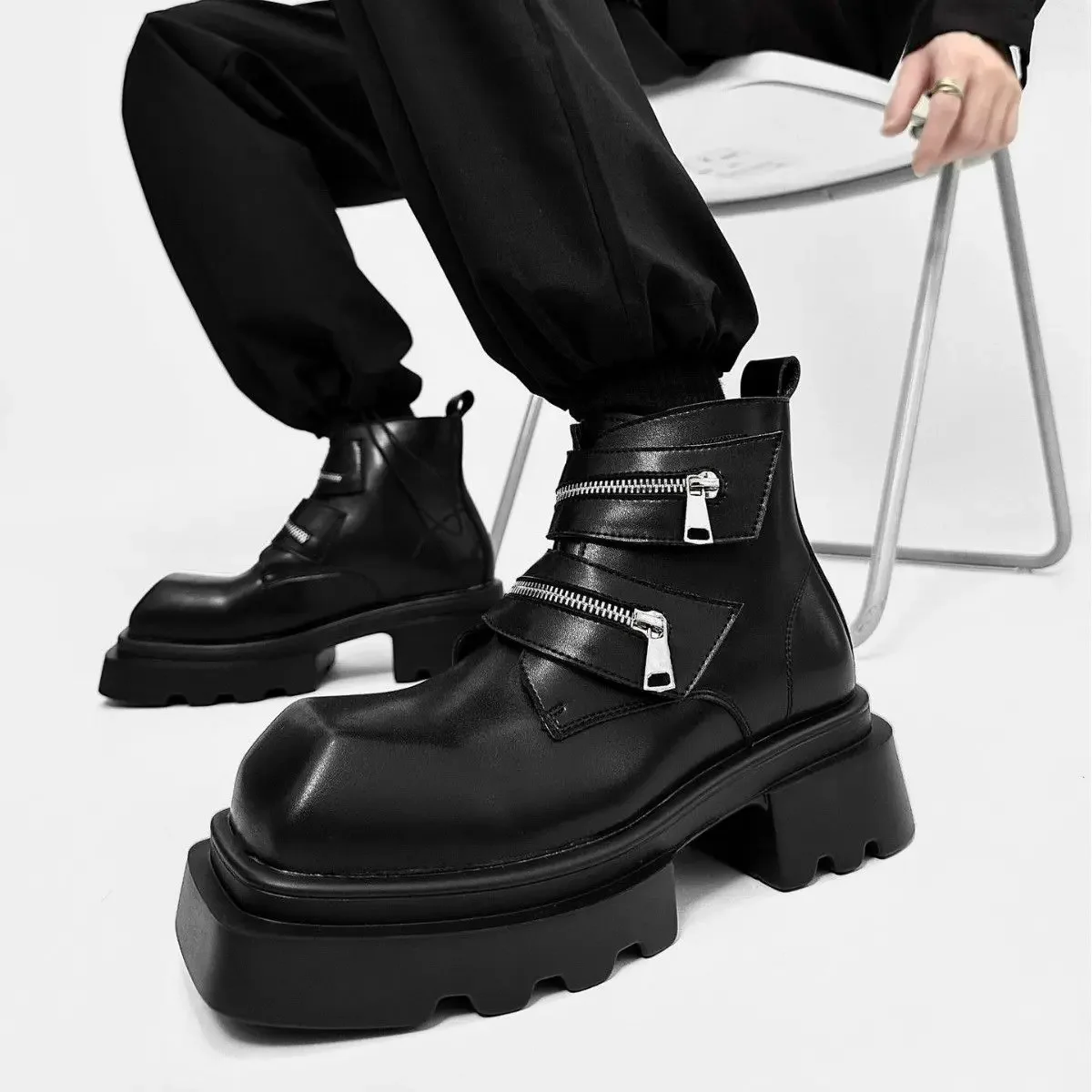 

Niche Square Head Cigarette Tube Men's High-end Sense Muffin Platform Chelsea Boots Hairstylist High-top Derby Leather Shoes