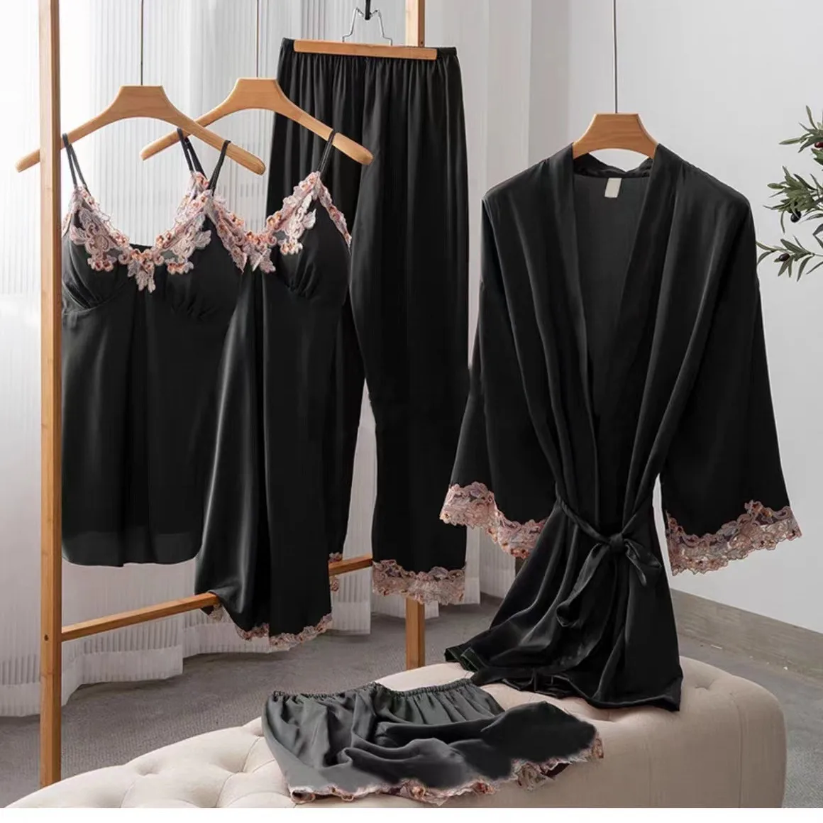 Ice Silk Pajamas Female Spring And Fall Long-sleeved Robe Sexy With Corset Pads Halter Nightgown Pajama Pants 5-piece set