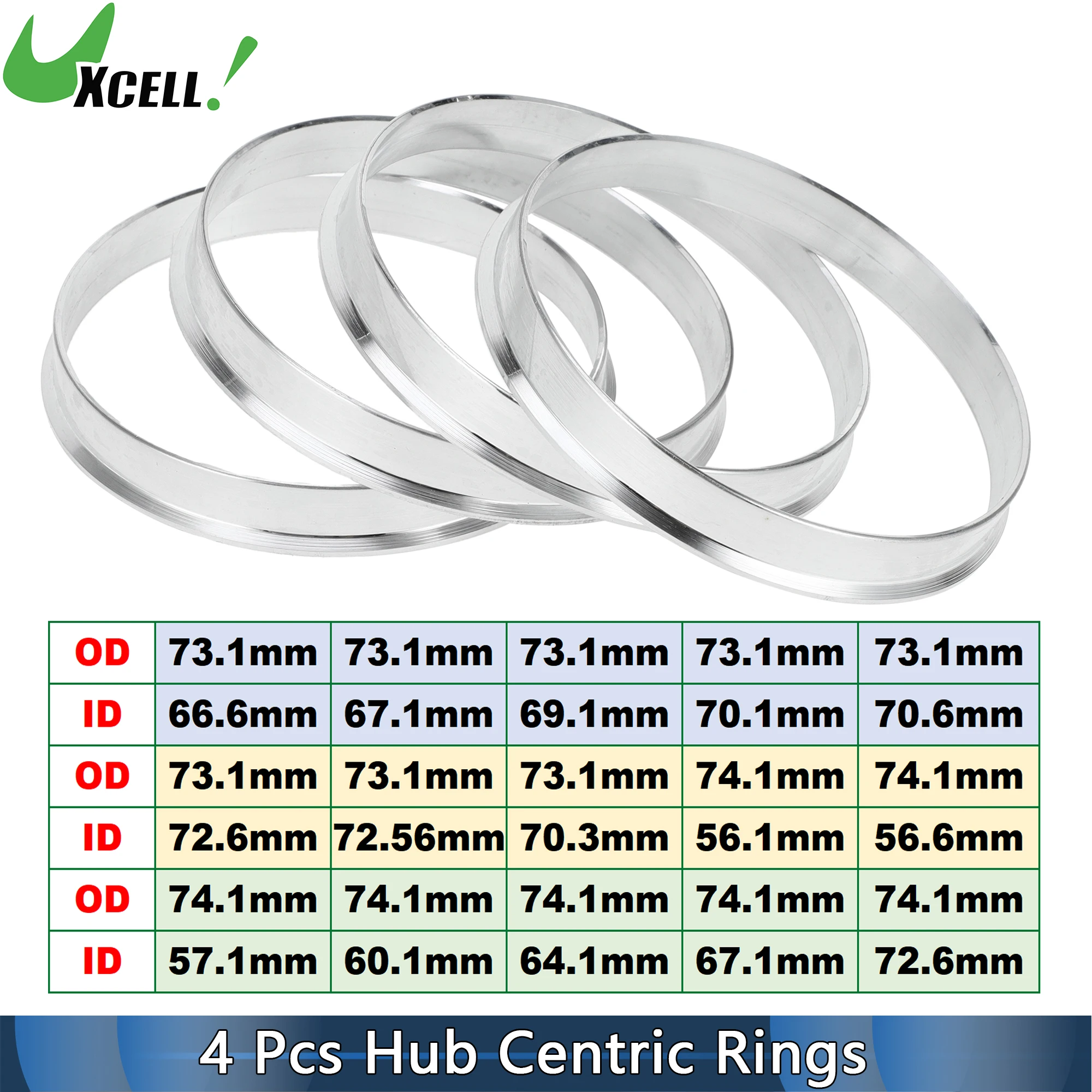 UXCELL 4pcs OD 73.1/74.1mm to ID 66.6/67.1/69.1/70.6/72.6/70.3/56.1/56.6/57.1/64.1mm Car Hub Centric Rings Aluminum Alloy