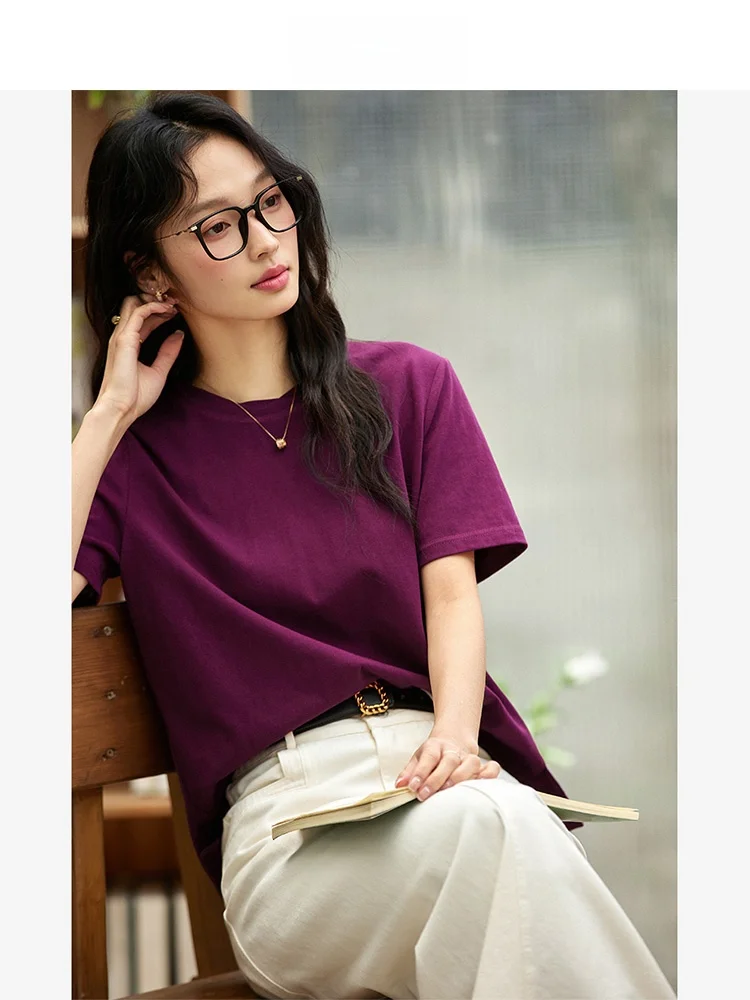 

Vimly Simple ort Sve round Ne T-irt Women's Loose Fit Base Layer Top Cotton Polyester Blend Summer New Arrival