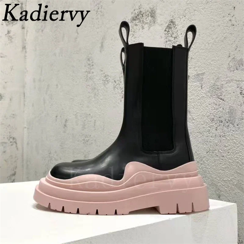 Thick Sole Chelsea Boots Women Slip-On Mid Calf Boots High-Quality Real Leather Shoes Classic Platform Motorcycle Boots Women