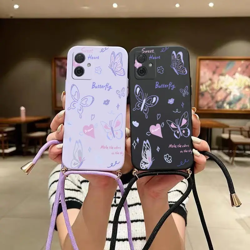 G 54 Purple Butterfly Lanyard Silicone Phone Case dla Motorola Moto G54 G50 G42 G52 G20 G84 G100 G53 G72 G34 G22 G24 G14 Cover