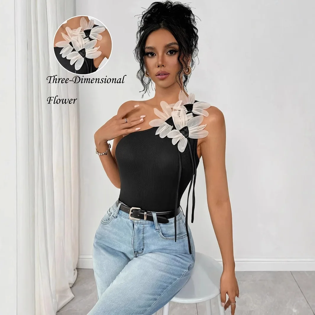2026 New Women's Elegant And Sexy One-shoulder Asymmetrical Neckline Sleeveless Knit Vest With Three-dimensional Flowers, High