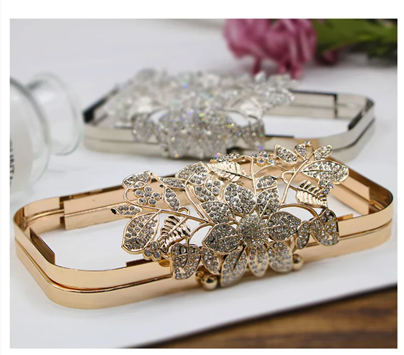 Factory Wholesale Silver Gold Metal Purse Frame Box Clutch Diy Evening Handbag Tree Crystal On Top Bag Handle Accessories Frames