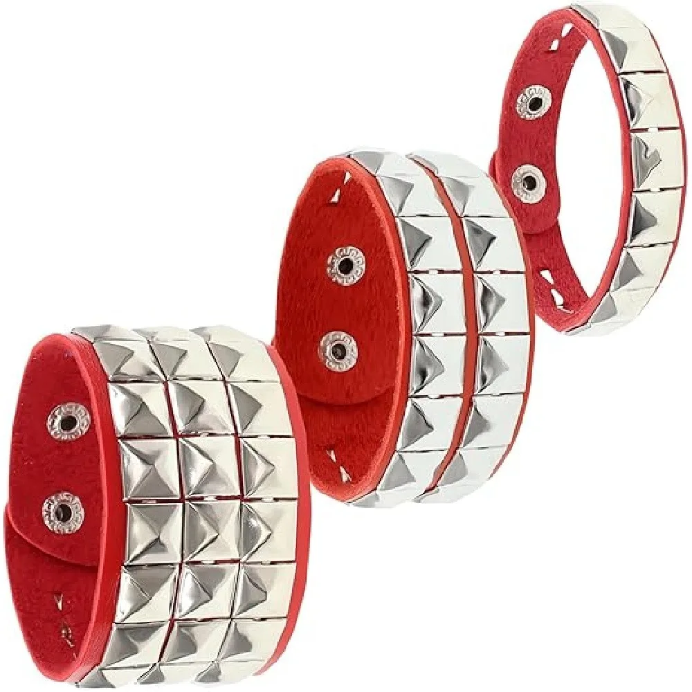 2 Pack Square Silver Stud PU Leather Bracelets, Adjustable Punk Rock Rivet Wrist Cuffs, Gothic Hip Hop Biker Stackable Wristbands for Men Women Cosplay Concert Birthday Holiday Gift