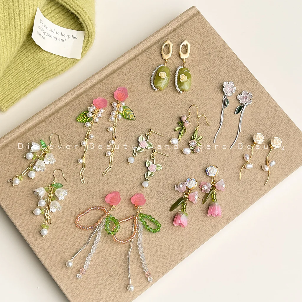 DIY accessories French Romantic Flower Tassel Earrings Vintage Elegance Pearl Stud Earrings Sweet Premium Holiday Earrings