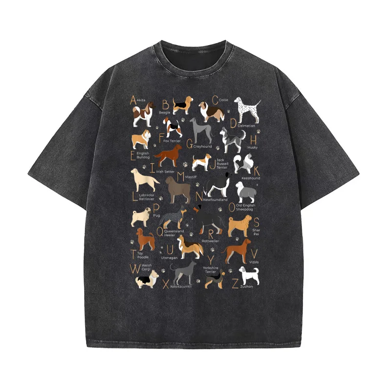 

ABC Dog Breeds Identification A-Z Types of Dogs Canine Pure Cotton T-shirt Oversized Art Graphic Clothing Printed Men Tee Shirts