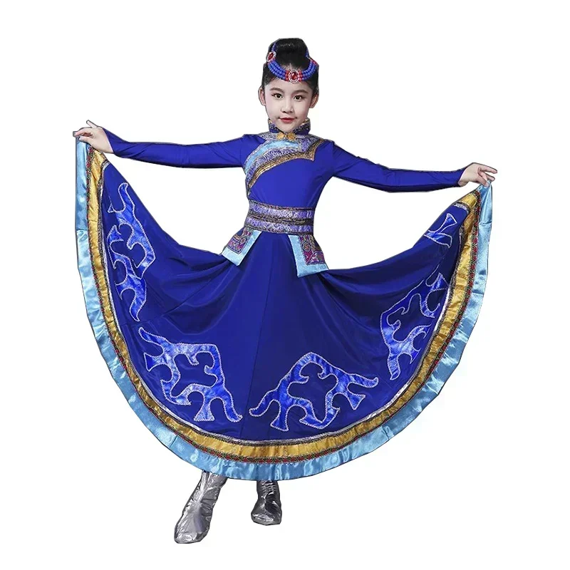 Children Mongolian Dance Costume Chinese Ancient National Dance Dress Stage Dancewear Girl Tibetan Dance Outfit Minority Costume