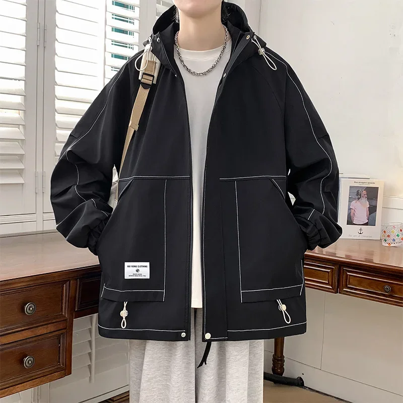 

Camping Raincoat Windproof Windbreaker Oversize Fashion Men Outdoor Loose Coat Waterproof Spring Autumn Casual Hooded Jacket Top