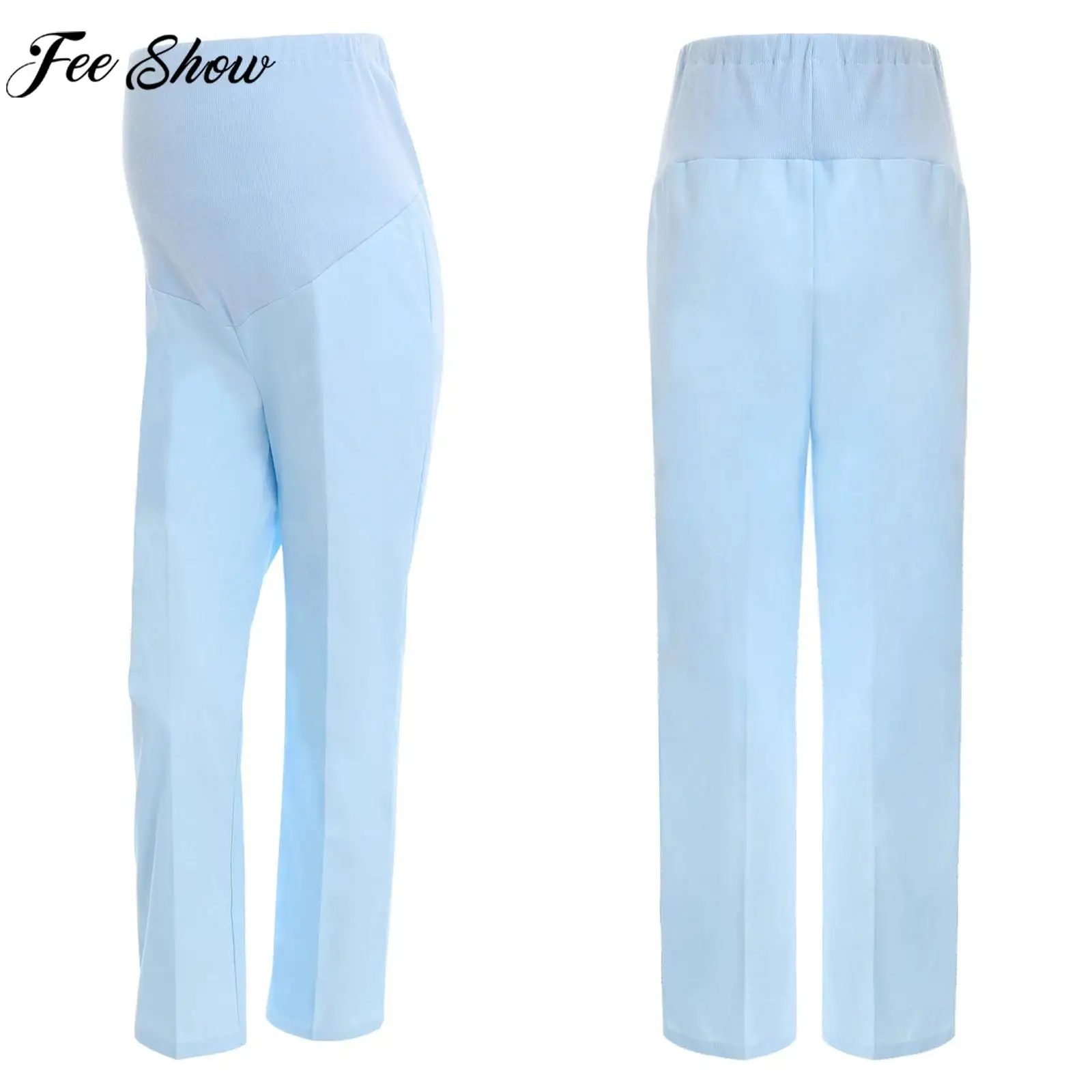 

Pregnant Woman Nurse Pants Solid Color Adjustable Elastic Waistband Pocket Design Belly Support Trousers Maternity Workwear