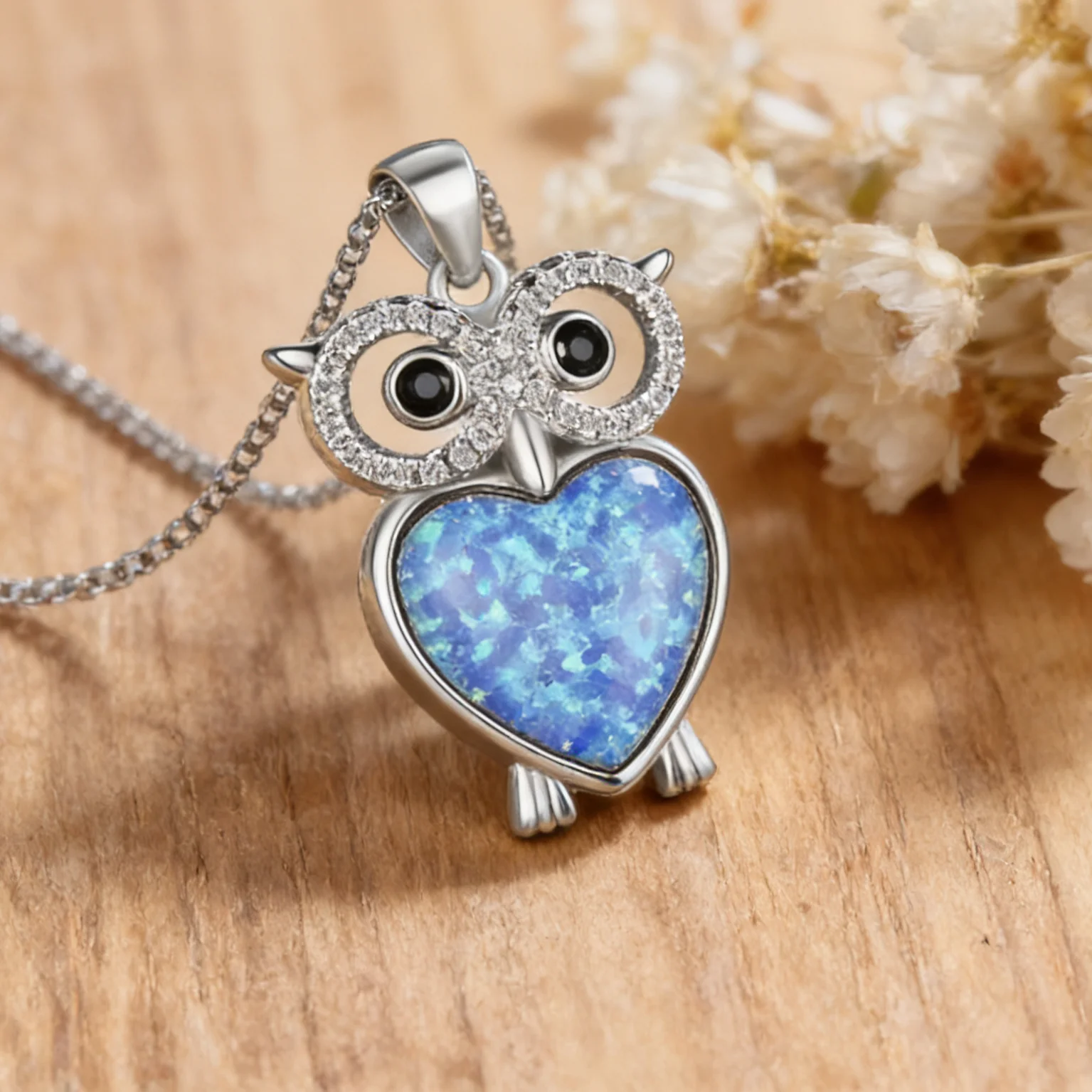 Owl Pendant Necklace with Blue Opal Heart, Silver Color Animal Jewelry with Black Spinel Eyes, Wisdom Jewelry Gift for Women