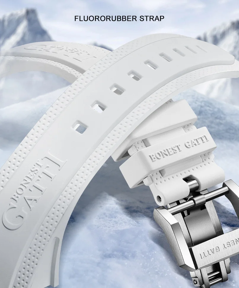 BONEST GATTI Men Automatic Watch 45*53mm Tonneau Mechanical Wristwatch Sapphire Luminous Polar Bear Dial Fluororubber Strap