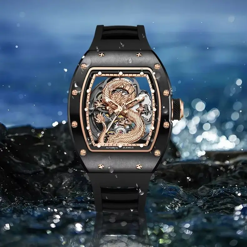 Over The Top Jackie Chan Inspired Watch Dragon Mechanical Watches Tonneau Barrel Case Automatic Skeleton Wristwatch