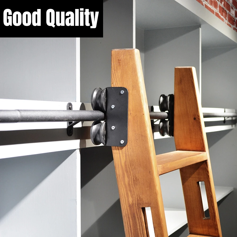 

300cm Black Sliding Library Ladder Hardware Rolling Full Set Track Kit(No Ladder), Floor Roller with Brake