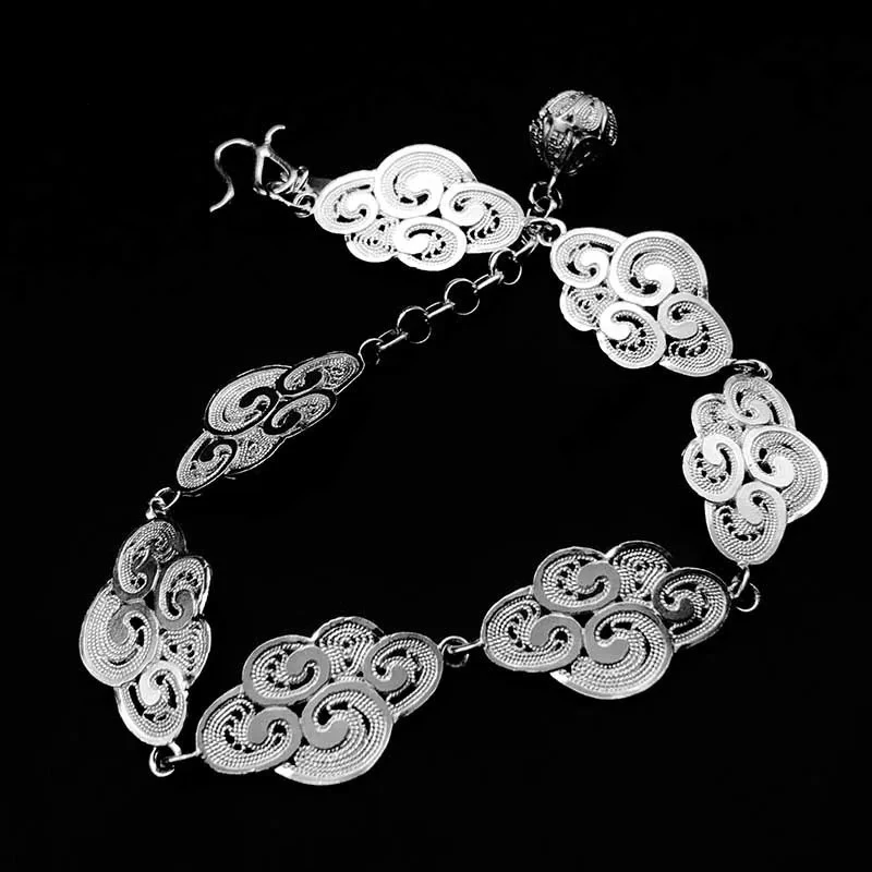 Chinese Ethnic Style 999 Pure Silver Traditional Craft Filigree Auspicious Cloud Bracelet for Women Jewelry Party Wedding Gift