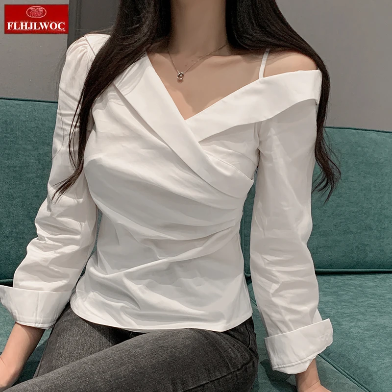 

Хлопковые топы на одно плечо, хит продаж, женские повседневные милые однотонные белые рубашки, офисные женские сексуальные шикарные корейские тонкие черные блузки