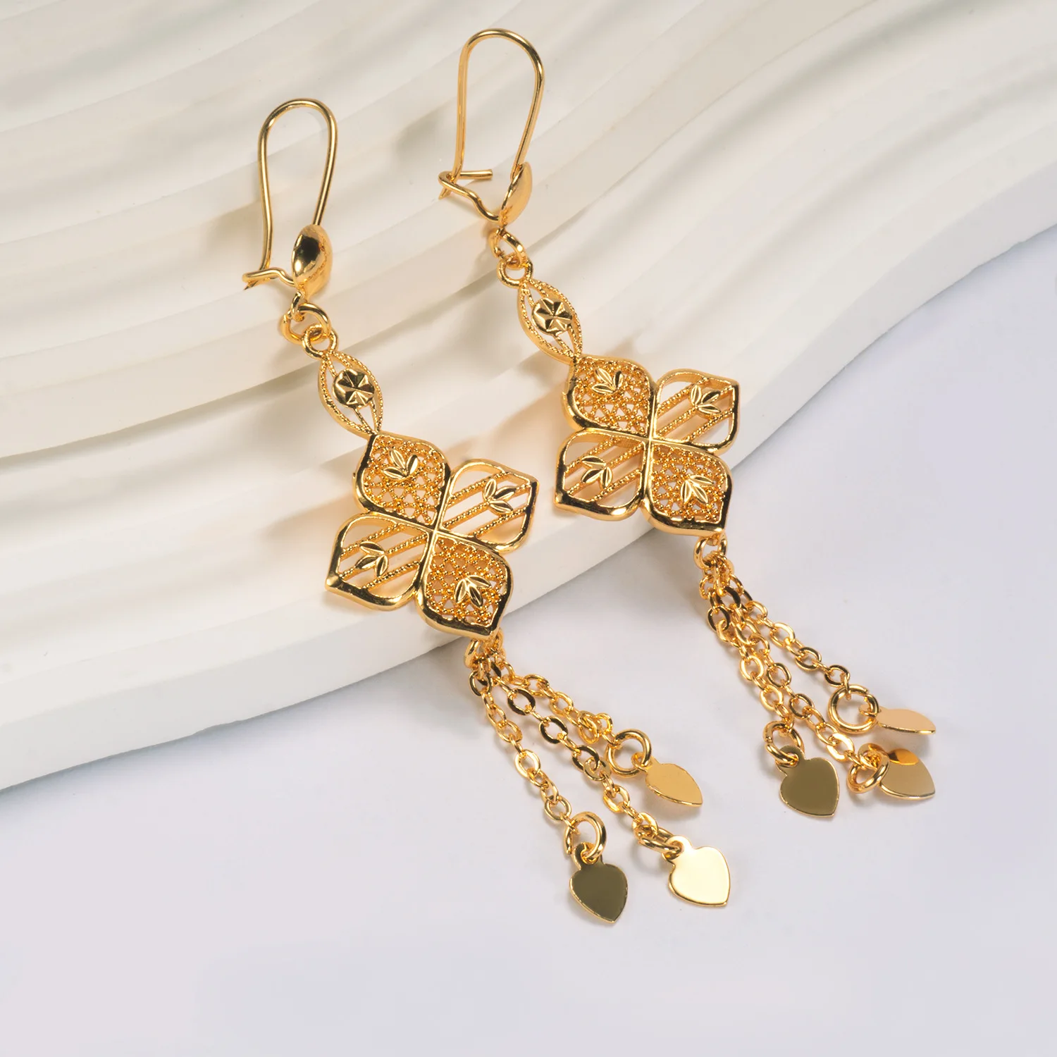9999 gold cross-border women's Middle East Dubai geometric fringed earrings with hollowed-out leaves and ear pendants