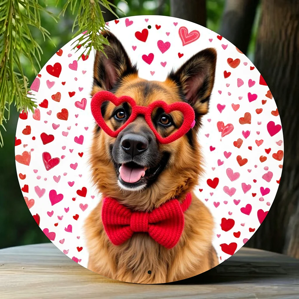 JIT 1-pc White heart confetti german shepherd with red bow tie cartoon print round metal tin sign wall decor, smooth lightweight panel, this unique metal tin sign suits entryway and lounge for long-term wall ornament, ideal decorative home lovers view 5