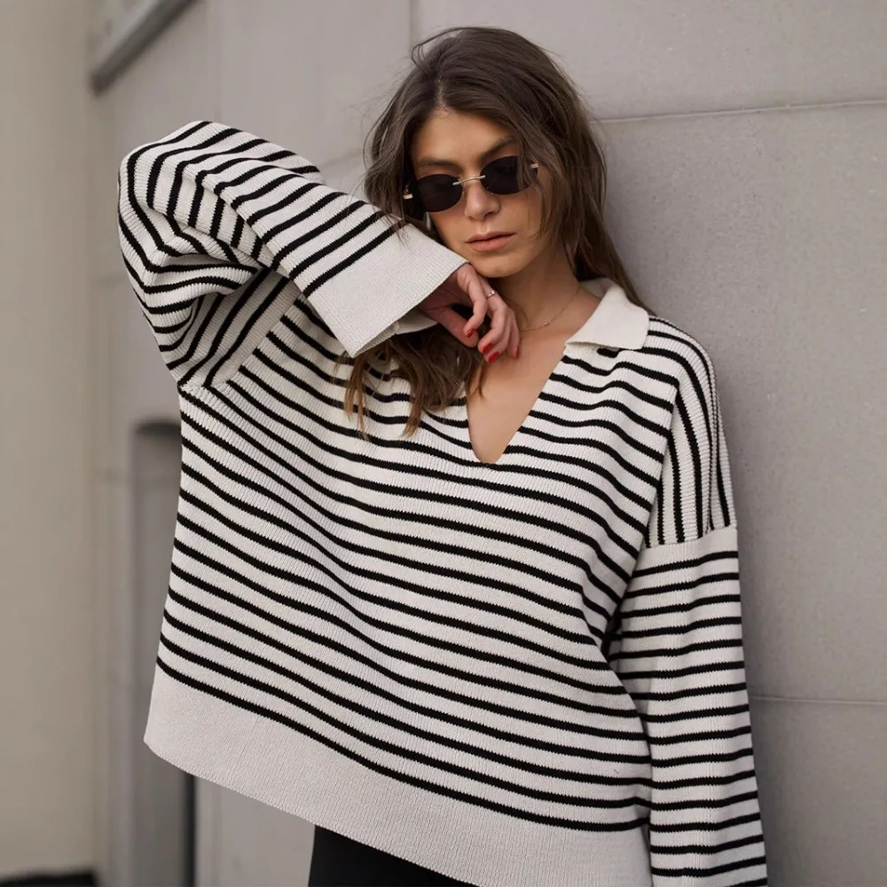 

Classic Striped Knit Sweater Autumn And Winter Women Sweet Polo Neck Loose Heavy Weight Warm Casual Long Sleeve Hooded Sweater