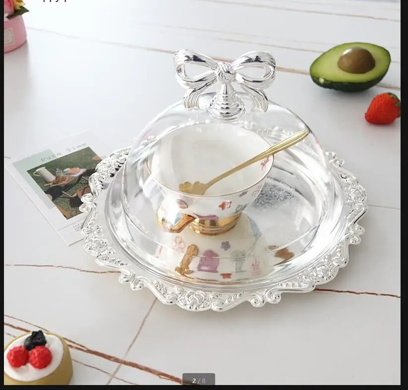 Silver Metal Cake Pan Transparent Plastic Cover Bread Dessert Plate Dried Fruit Snack Dish Stand Display