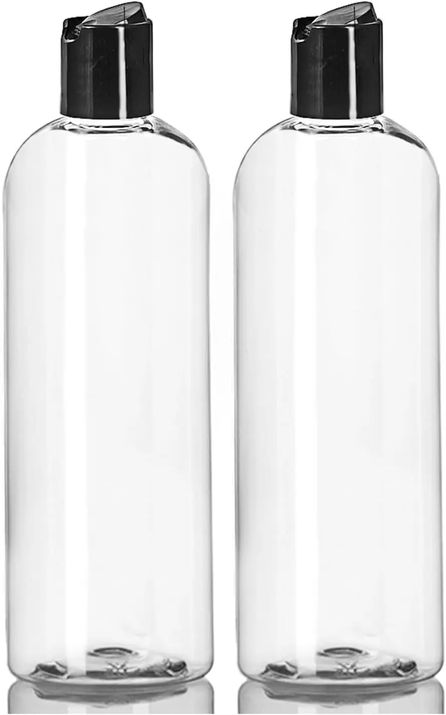 

16 oz Clear Plastic Empty Bottles with Black Disc Top Caps, Squeezable Refillable Containers for Shampoo, Lotions