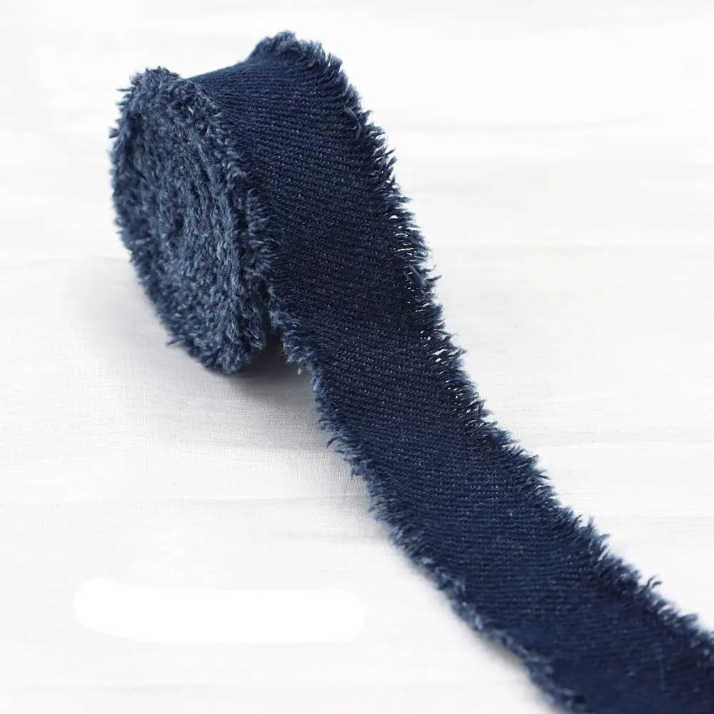 New 1.5Yards Denim Ribbon Blue Cowboy Solid Color Jeans Cloth Fabric Hairclip Bows Handmade Fringe Silk Ribbon Bridal Bouquets