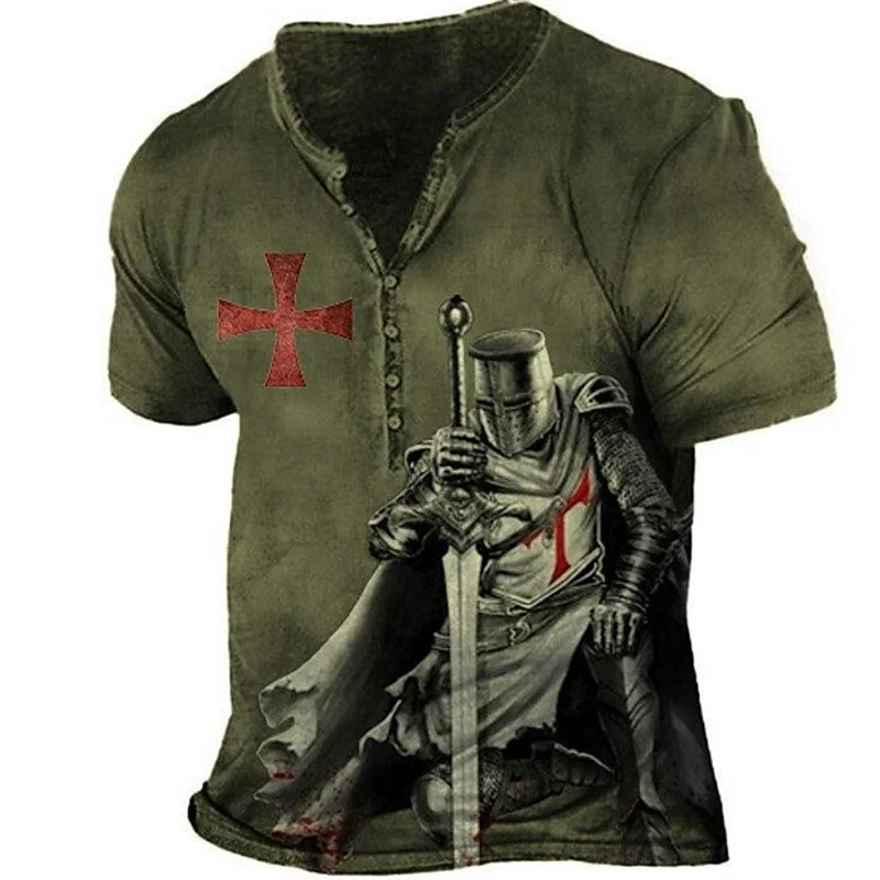 Vintage Cotton T-shirt For Men 3D Print Knight Henley Shirt V-neck Short Sleeve Oversized Tops Tee Shirt Men Clothing Streetwear