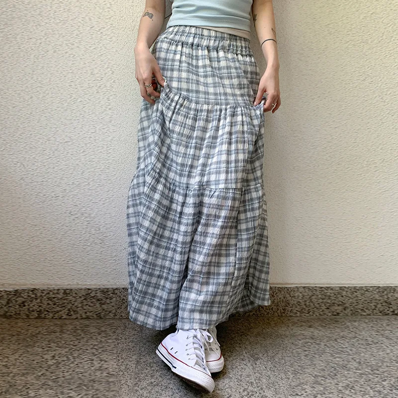

Синяя клетчатая юбка в европейском и американском стиле, женская летняя юбка трапециевидной формы с высокой талией в американском стиле для девочек, длинная юбка