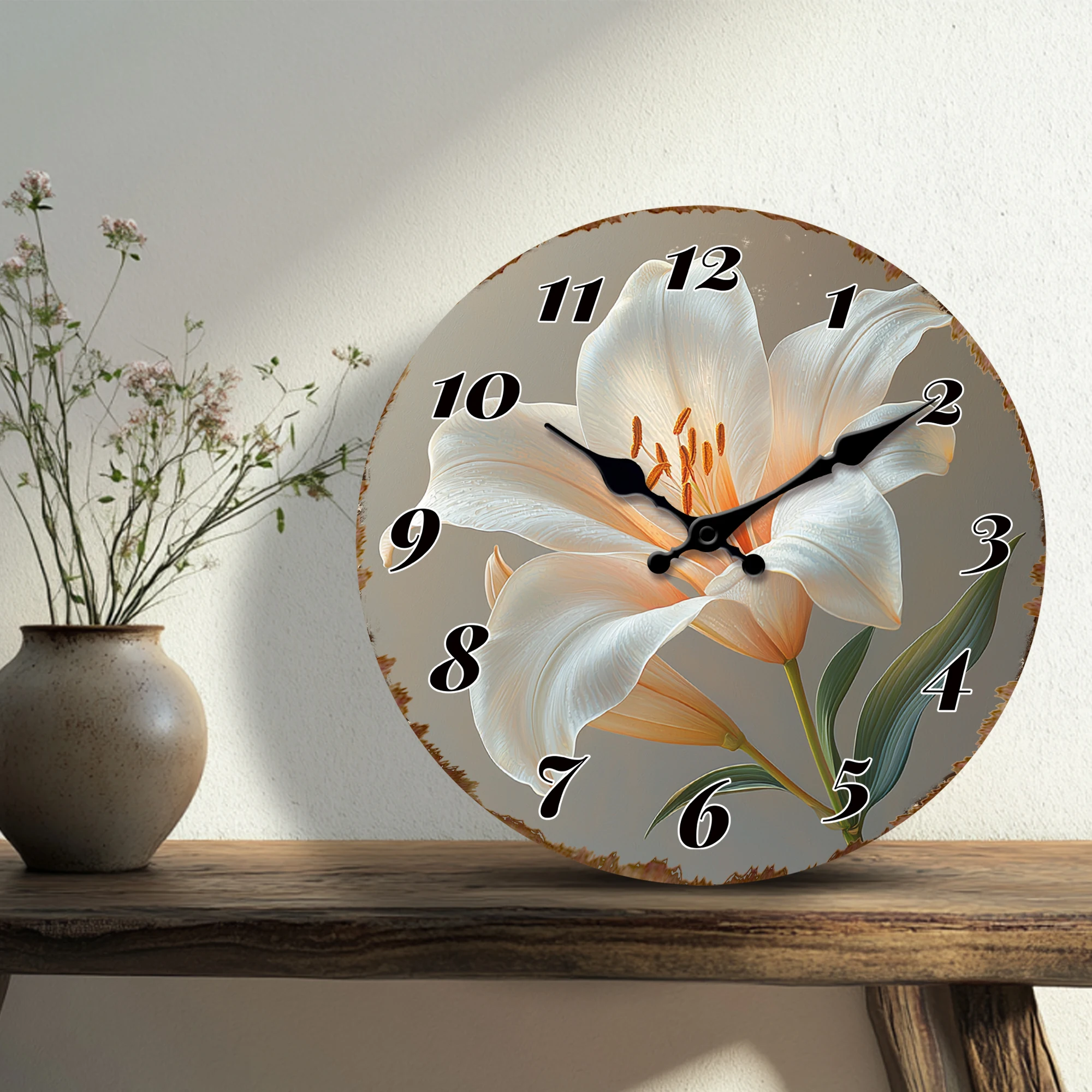 Elegant White Lily Flower Wall Clock, Delicate Floral Design Round Clock, Silent Non-Ticking Art Wall Clock for Home Decoration
